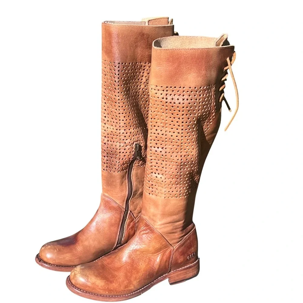 BED STU Tan Leather Knee High Boots Sz 7 Cutout‎ Laced Side Goodyear Welt Women